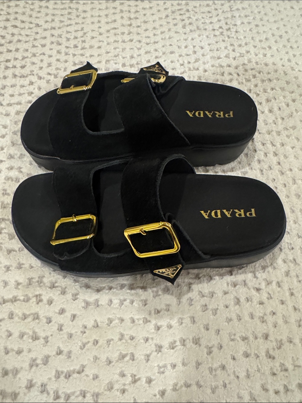 Black Suede Double-Buckle Slide Sandals with Gold Hardware - Picture 4 of 7